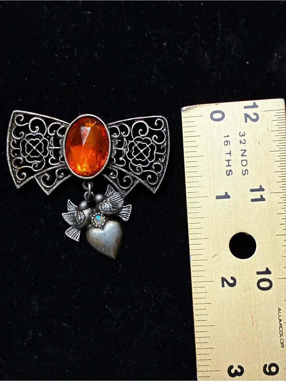 Vintage EUC Heart Dangle Brooch / Antiqued Brass Bow Heart Crystal  Brooch